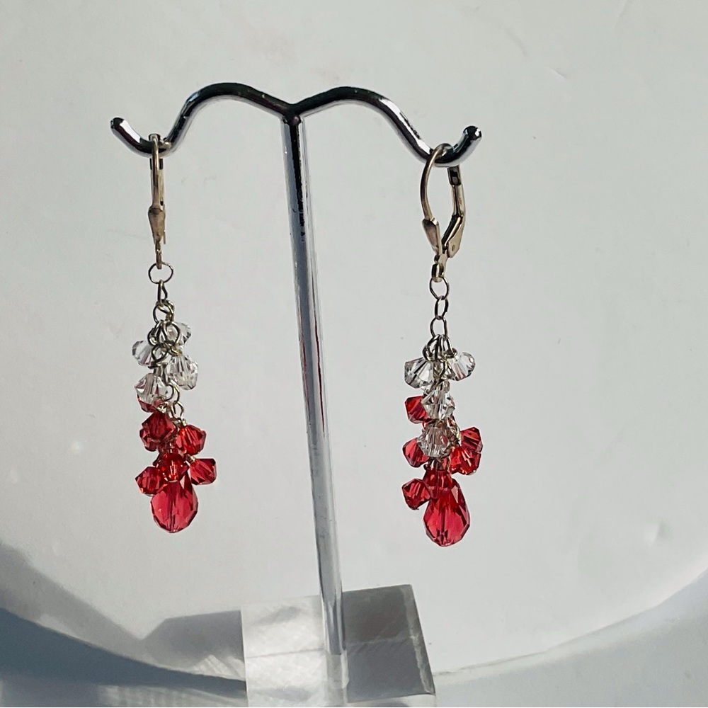 925 SS Crystal Earrings . Padparadscha and Clear. - Picture 4 of 4